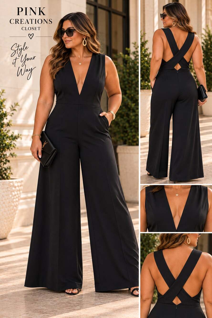 Lulus Black Plunging V-Neck Cross-Back Wide-Leg Jumpsuit Large NWT